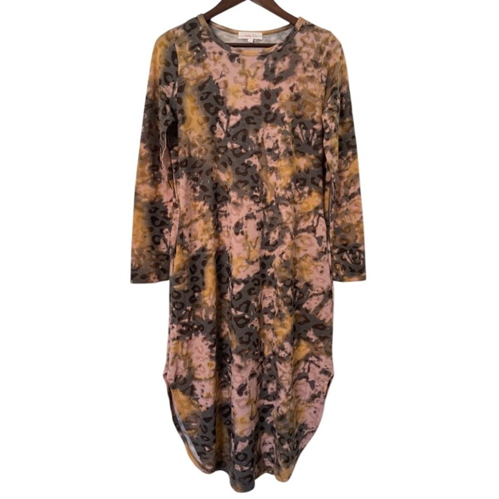 Hailey & Co S Leopard Animal Print Midi Dress Long Sleeve Rounded Hem Pockets